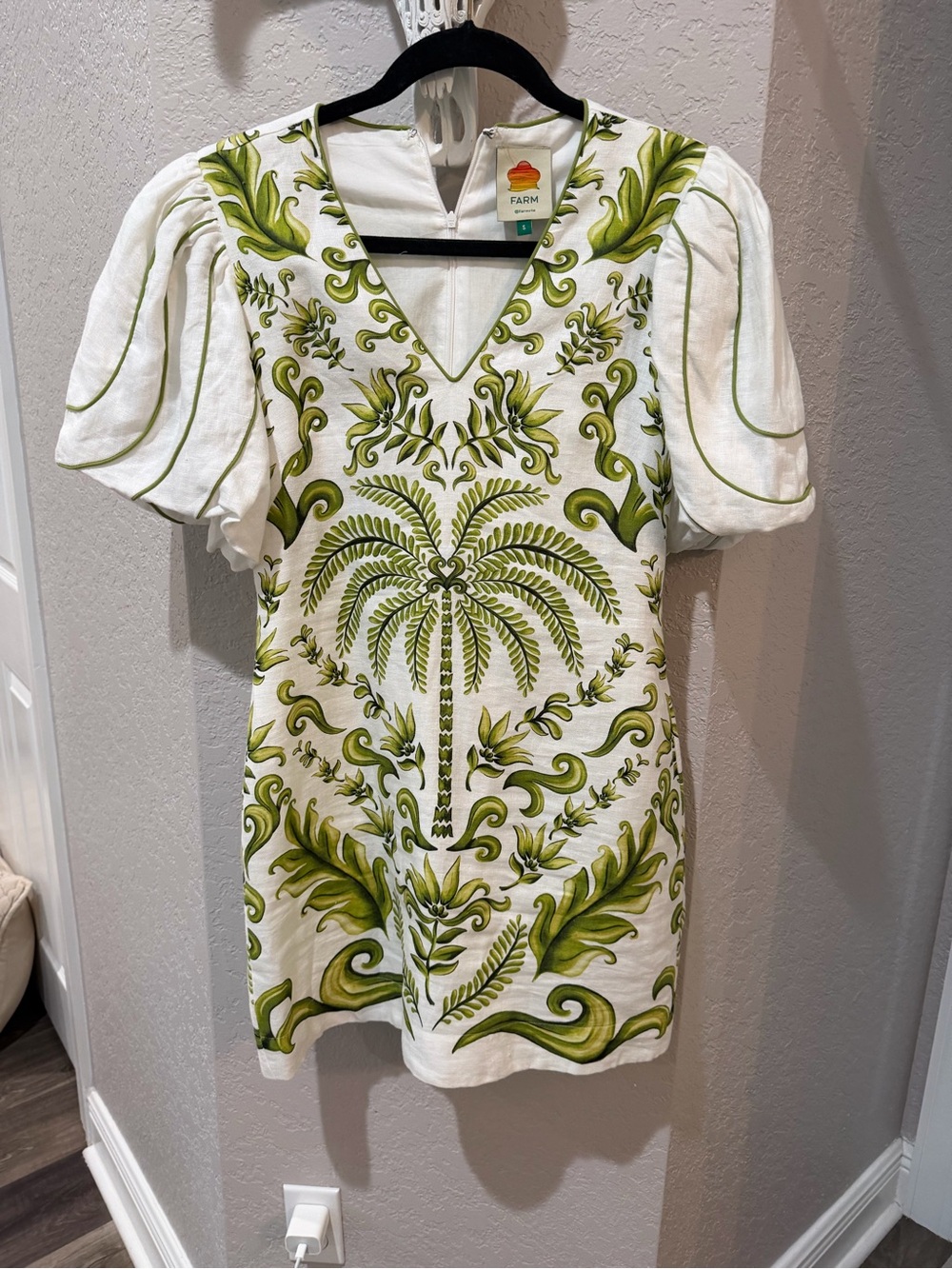 FARM Rio White Dress with Olive Green Botanical Scrolls